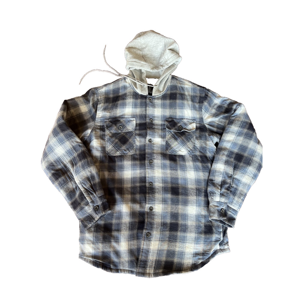 Wrangler Authentic Jacket Blue White Plaid Flannel Hooded Quilted Lined - Mediu
